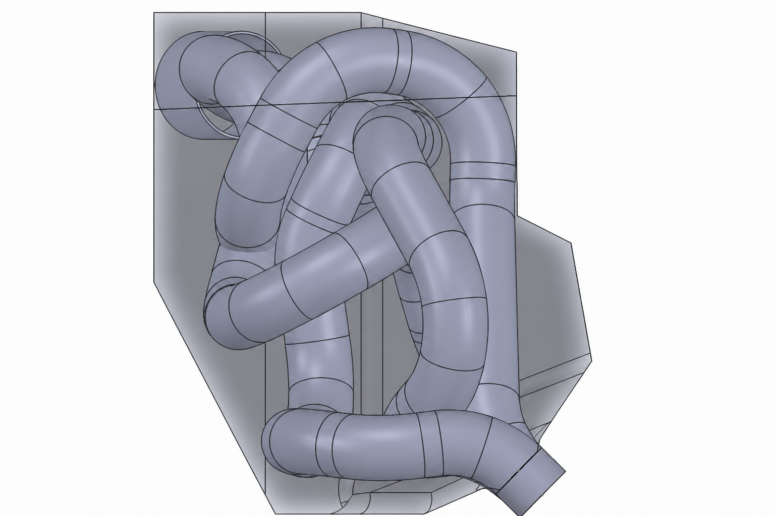 CAD model of a compact CBR600RR four-into-two-into-one exhaust routed inside a V8 racing package